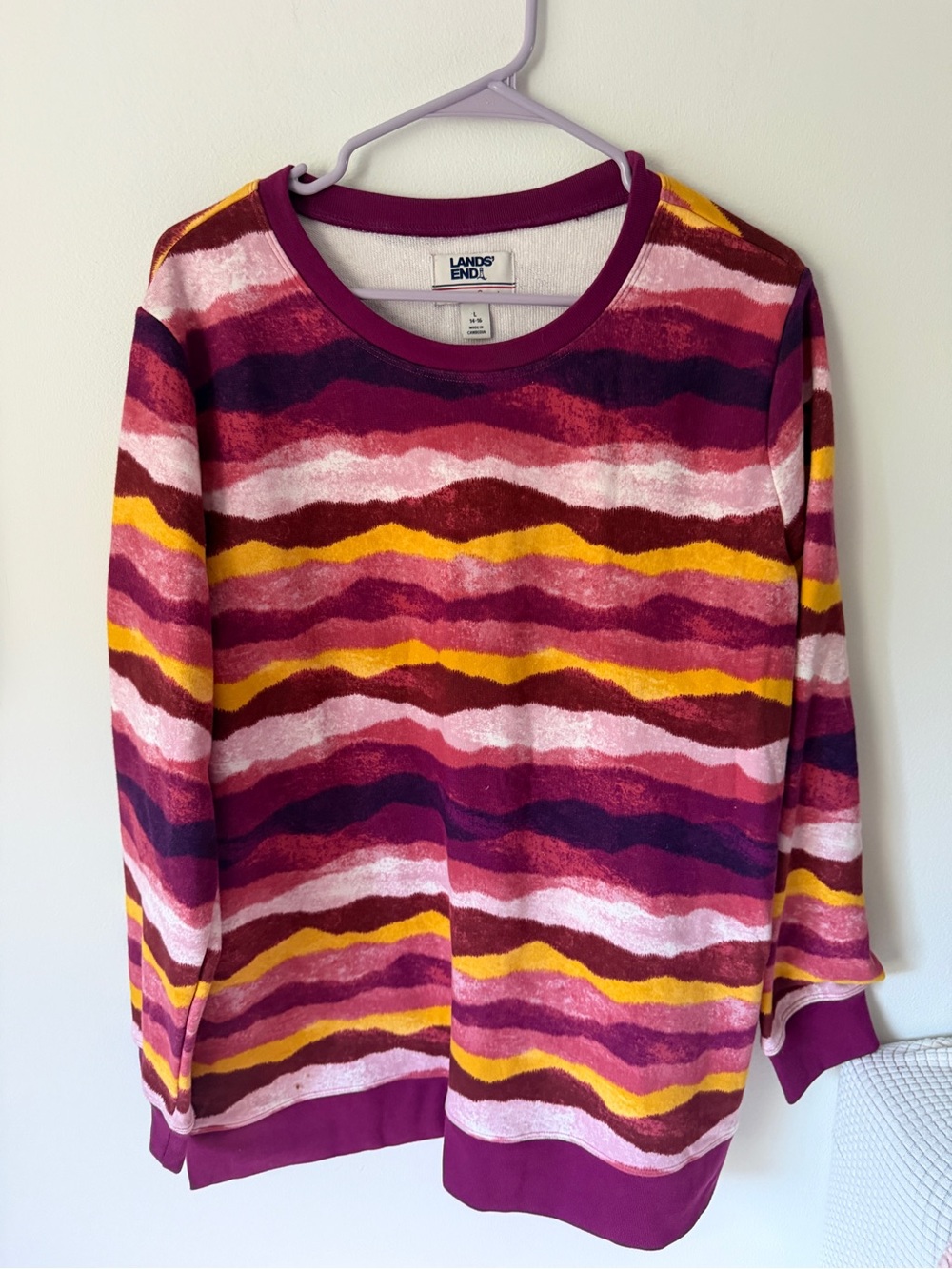 Lands' End Women's Magenta, Yellow & Burgundy Wave-Striped Crewneck Sweater